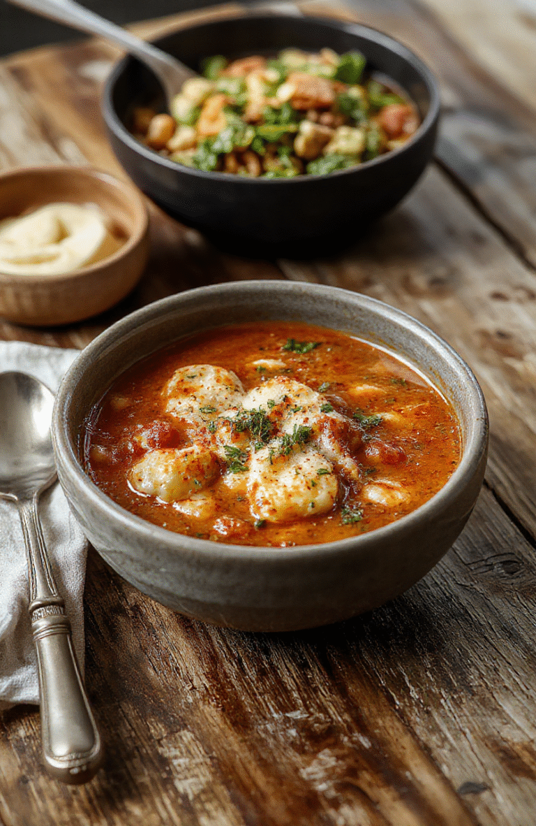 A rustic bowl of hearty lasagna soup garnished with shredded cheese and fresh basil, set on a wooden table. The soup features vibrant tomato broth, tender pasta sheets, melted cheese topping, and hints of green herbs. The presentation is homely and inviting, emphasizing warmth and comfort with a cozy kitchen background.