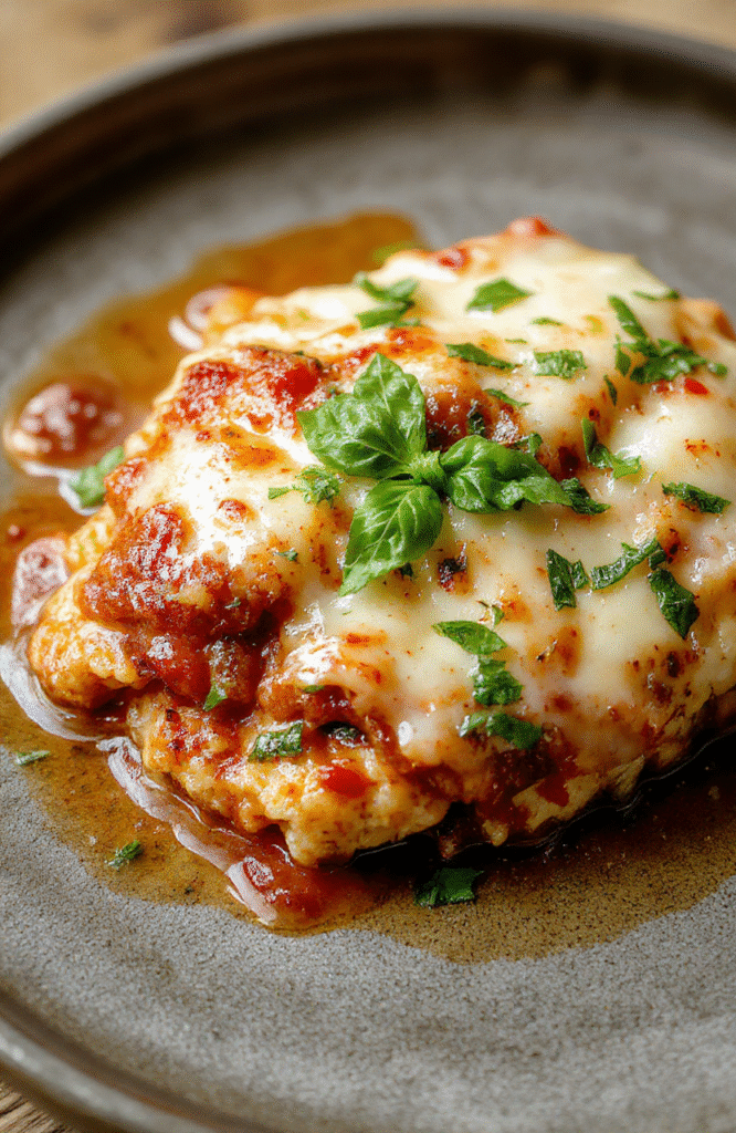 A vibrant chicken parmesan casserole featuring golden-brown breaded chicken slices topped with melted melted mozzarella and marinara sauce, garnished with fresh basil on a rustic ceramic plate, with crispy edges and bubbly cheese, styled simply to highlight textures and colors.