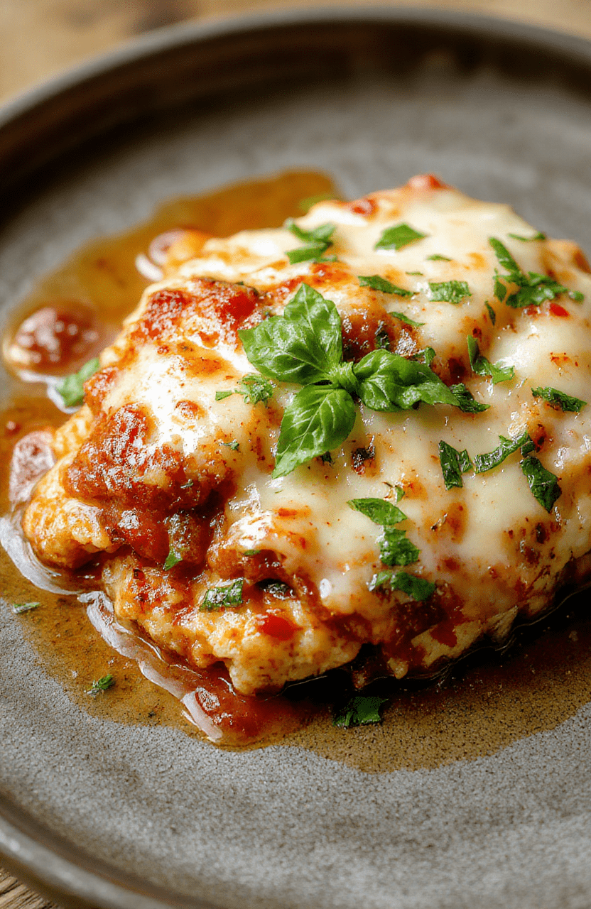 A vibrant chicken parmesan casserole featuring golden-brown breaded chicken slices topped with melted melted mozzarella and marinara sauce, garnished with fresh basil on a rustic ceramic plate, with crispy edges and bubbly cheese, styled simply to highlight textures and colors.
