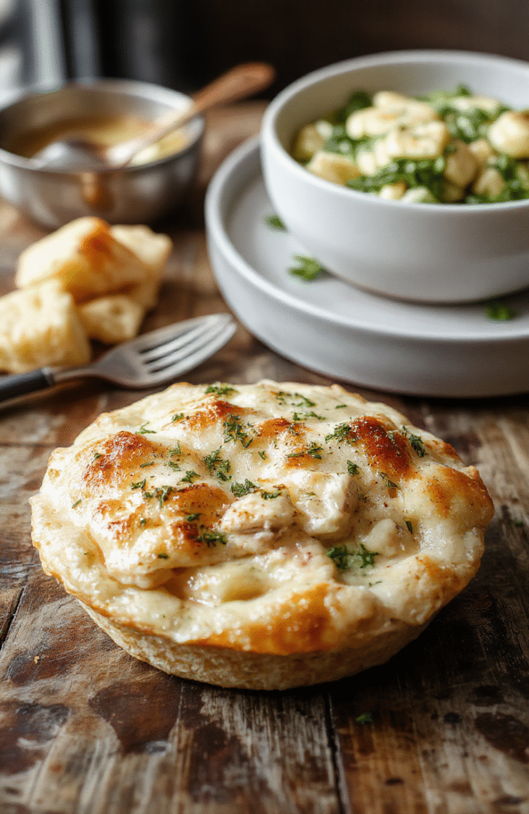 A vibrant plate of crustless chicken pot pie featuring tender chunks of chicken, colorful vegetables, and a creamy sauce. The dish is served in a white bowl with a sprinkle of fresh herbs on top, showcasing a comforting, hearty texture with a smooth, luscious appearance. The background shows a cozy kitchen setting with warm lighting, emphasizing a homely, inviting atmosphere.