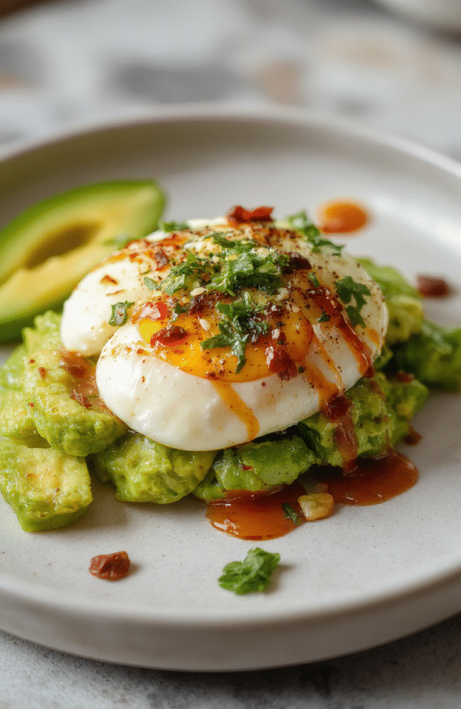 A vibrant plate of egg avocado salad featuring sliced boiled eggs, ripe avocado chunks, cherry tomatoes, and fresh greens, all drizzled with a light dressing. The dish is arranged beautifully on a rustic white plate, garnished with herbs, with a colorful background and natural daylight highlighting the textures and colors.
