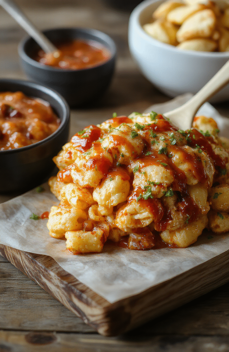 A vibrant plate of Chicken Honey BBQ Mac and Cheese featuring golden baked pasta topped with crispy chicken pieces, drizzled with glossy honey BBQ sauce, garnished with fresh herbs, all presented on a rustic wooden surface with natural daylight highlighting the rich textures and inviting colors.