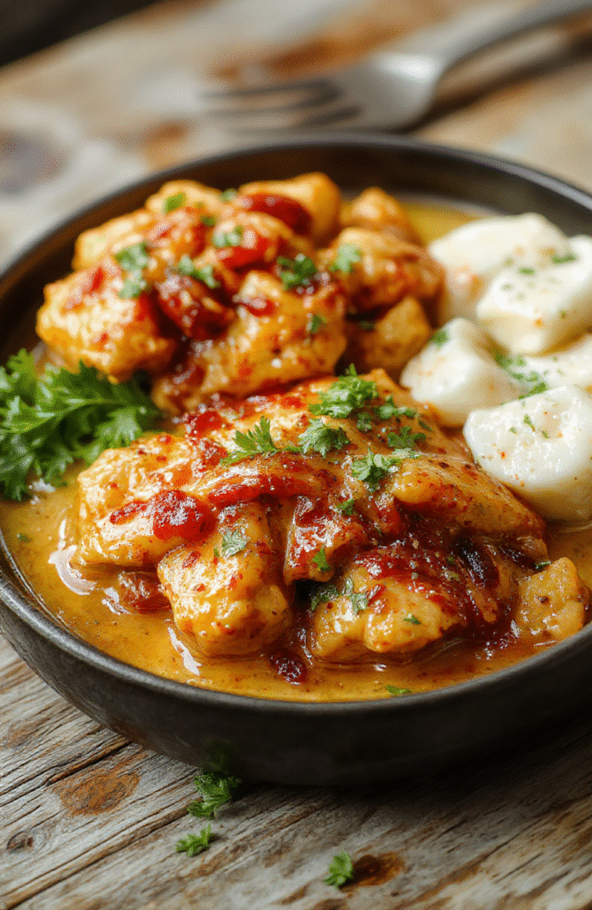 A vibrant plate of homemade butter chicken served with steaming white rice, garnished with fresh cilantro. The chicken has a rich, creamy orange sauce with a smooth texture, accented by a glossy finish. The presentation emphasizes the bright color of the sauce, with a side of naan bread partially visible, styled on a rustic wooden table with natural lighting highlighting the dish's warmth and creaminess.