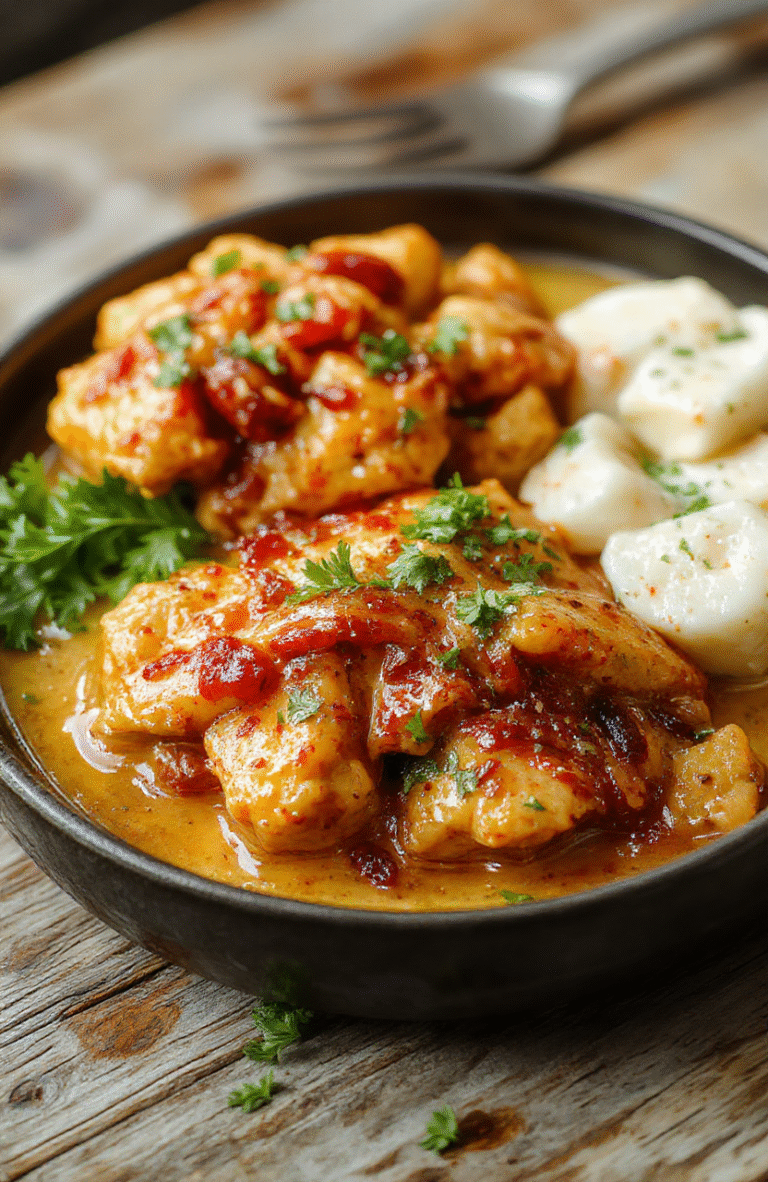 A vibrant plate of homemade butter chicken served with steaming white rice, garnished with fresh cilantro. The chicken has a rich, creamy orange sauce with a smooth texture, accented by a glossy finish. The presentation emphasizes the bright color of the sauce, with a side of naan bread partially visible, styled on a rustic wooden table with natural lighting highlighting the dish's warmth and creaminess.