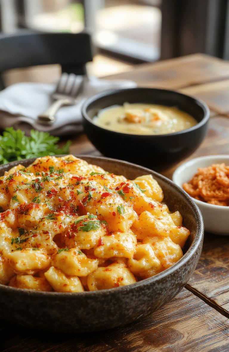 A vibrant plate of Honey Pepper Chicken Mac and Cheese featuring creamy, cheesy pasta topped with golden-brown honey-glazed chicken pieces, garnished with freshly cracked pepper and parsley, all arranged on a rustic wooden table with a splash of honey and pepper shakers in the background.