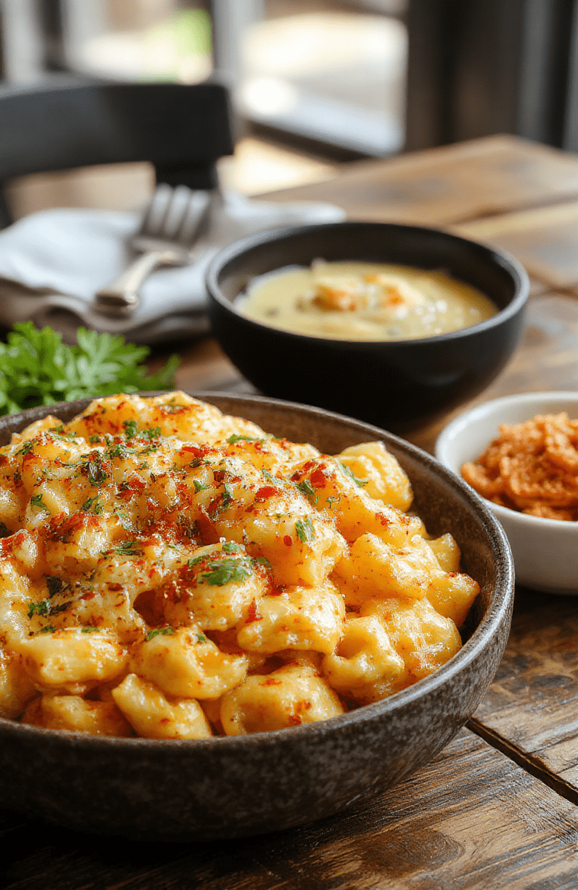 A vibrant plate of Honey Pepper Chicken Mac and Cheese featuring creamy, cheesy pasta topped with golden-brown honey-glazed chicken pieces, garnished with freshly cracked pepper and parsley, all arranged on a rustic wooden table with a splash of honey and pepper shakers in the background.