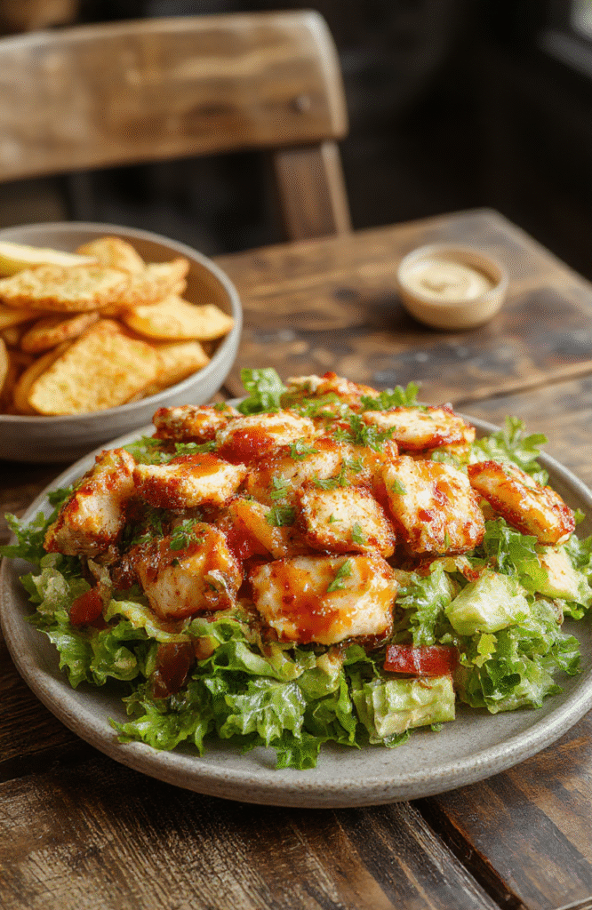 A vibrant plate featuring shredded chicken topped with a glossy honey hot sauce, garnished with fresh herbs, served on a rustic wooden table with colorful vegetables in the background, capturing textures of crispy chicken and smooth dressing.