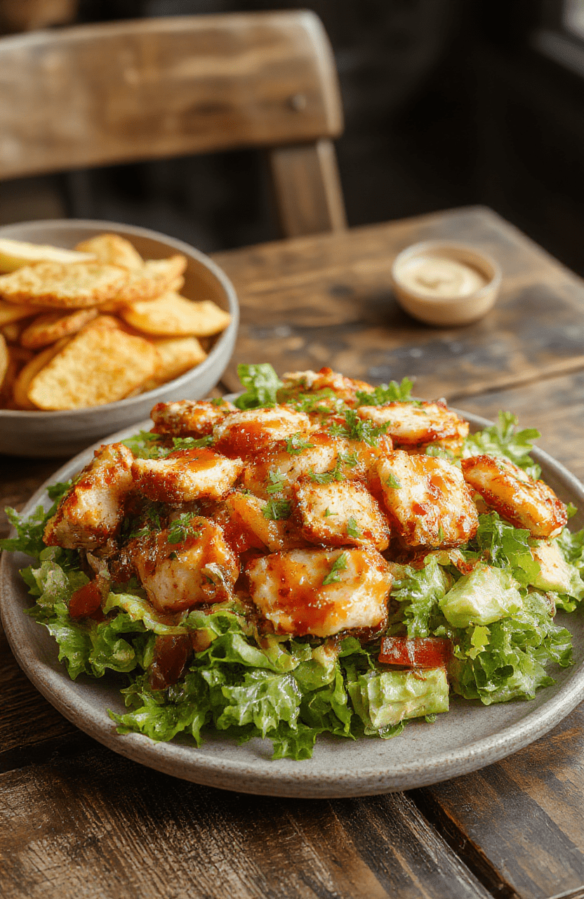 A vibrant plate featuring shredded chicken topped with a glossy honey hot sauce, garnished with fresh herbs, served on a rustic wooden table with colorful vegetables in the background, capturing textures of crispy chicken and smooth dressing.
