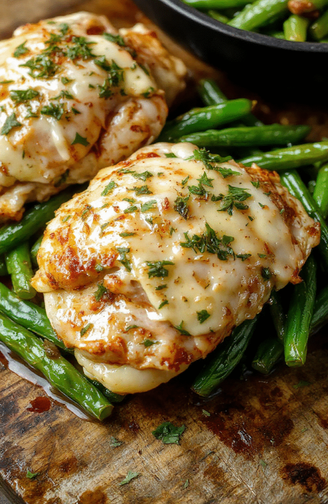 A vibrant plate featuring golden-brown chicken thighs glazed with lemon garlic butter sauce, accompanied by crisp green beans, garnished with fresh herbs, styled elegantly on a rustic wooden surface with natural sunlight highlighting the textures.