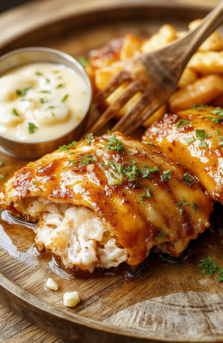 A close-up of a golden-brown honey butter chicken served on a rustic wooden plate, drizzled with honey and a pat of melting butter, garnished with fresh herbs, with a background of soft-focus vegetables and a light, cozy setting.