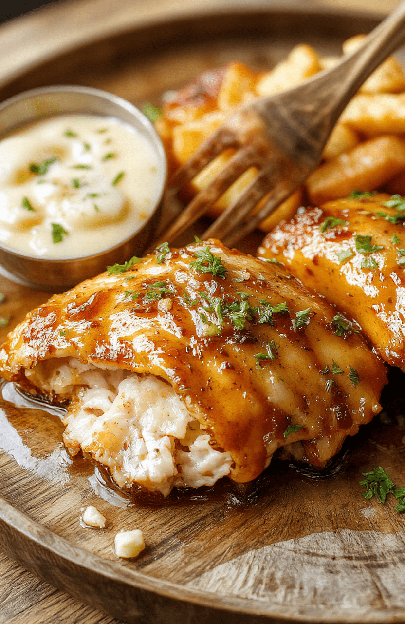 A close-up of a golden-brown honey butter chicken served on a rustic wooden plate, drizzled with honey and a pat of melting butter, garnished with fresh herbs, with a background of soft-focus vegetables and a light, cozy setting.