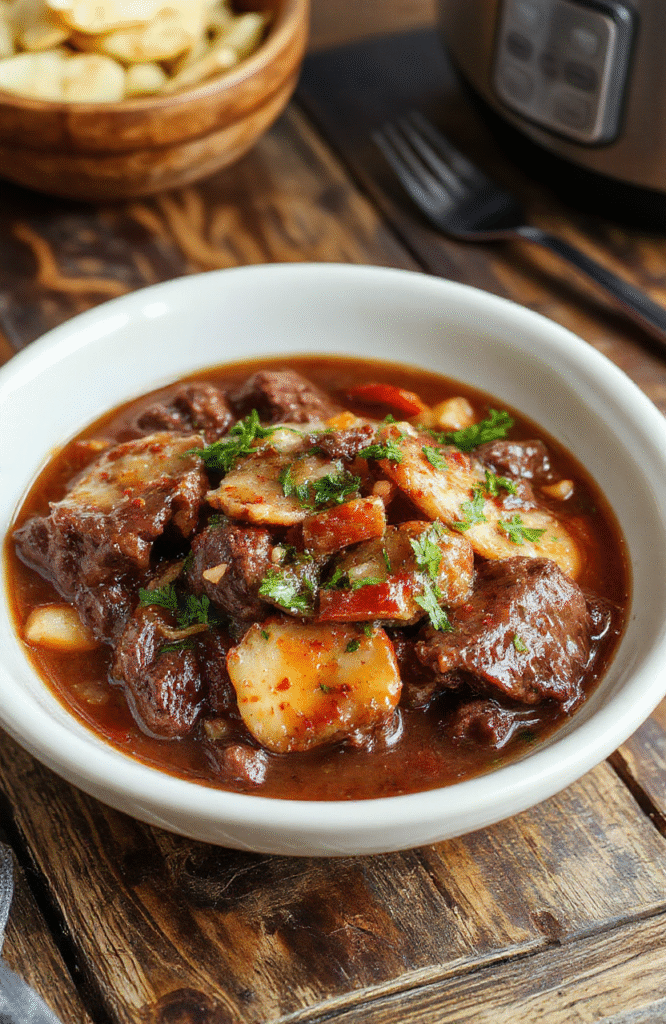 A steaming bowl of beef bourguignon featuring tender beef chunks, vibrant carrots and pearl onions, garnished with fresh herbs, served in a rustic white bowl on a wooden table, with a rich, deep red wine sauce, textured vegetables contrasting with the smooth beef, styled simply for an inviting, homey presentation