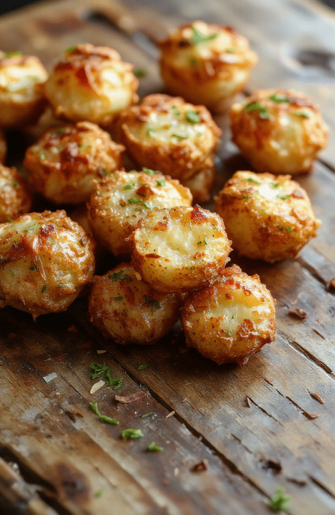 A vibrant plate of mini potato bites arranged neatly on a rustic wooden serving board. The potato bites are golden brown, crispy on the outside with a soft interior, garnished with fresh herbs. The background showcases a cozy, inviting setting with soft lighting, highlighting the texture and appealing color contrast of the bites.