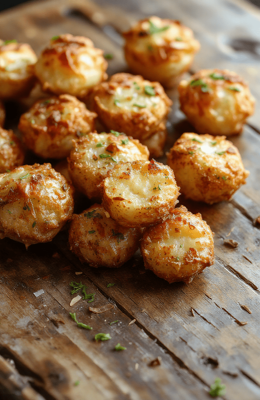 A vibrant plate of mini potato bites arranged neatly on a rustic wooden serving board. The potato bites are golden brown, crispy on the outside with a soft interior, garnished with fresh herbs. The background showcases a cozy, inviting setting with soft lighting, highlighting the texture and appealing color contrast of the bites.