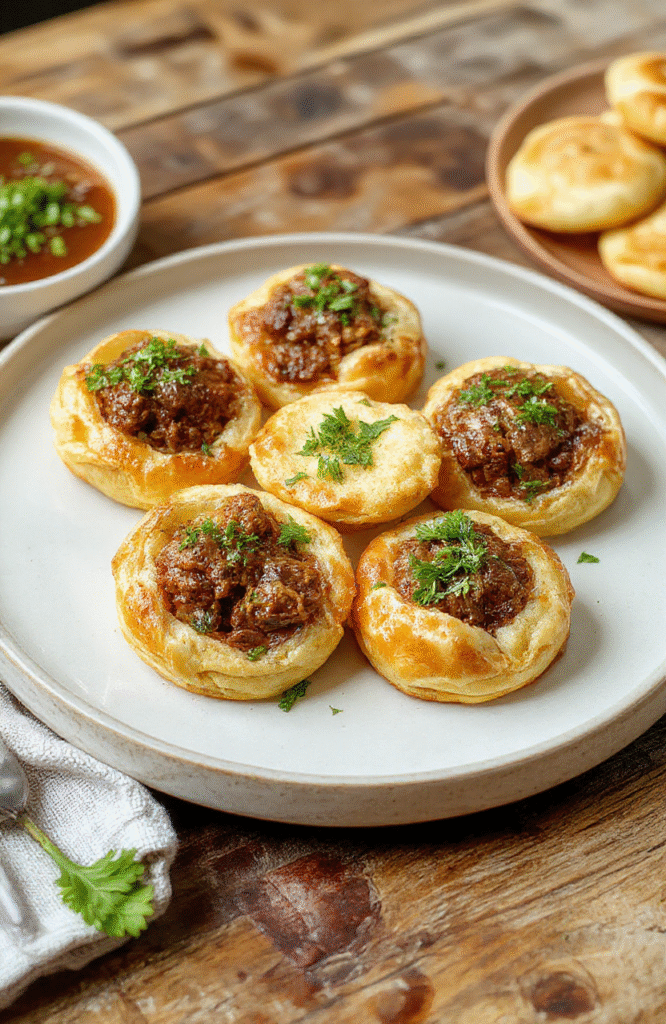 Golden-brown, flaky pastry puffs filled with tender pulled beef, garnished with fresh herbs on a rustic white plate, vibrant and appetizing