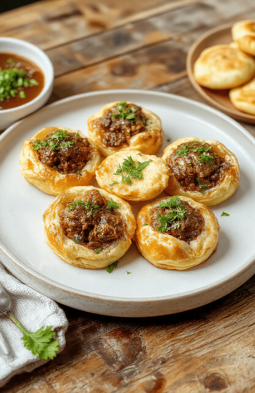 Golden-brown, flaky pastry puffs filled with tender pulled beef, garnished with fresh herbs on a rustic white plate, vibrant and appetizing
