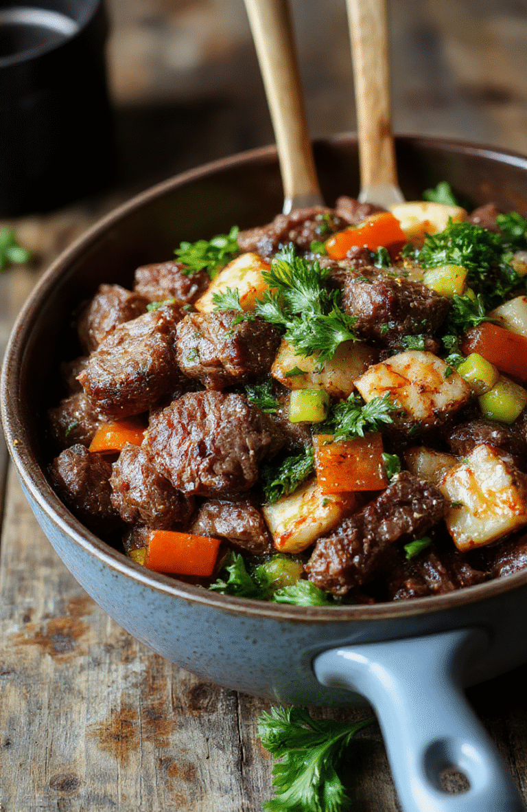 A vibrant beef stir fry plate featuring thinly sliced beef coated in savory sauce, colorful bell peppers, broccoli, carrots, and snap peas, served on a white ceramic plate with fresh herbs on top, set against a rustic wooden table with natural sunlight highlighting the textures and fresh ingredients.