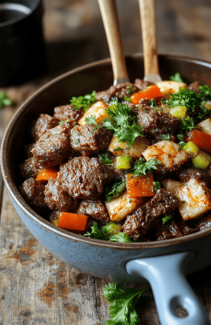 A vibrant beef stir fry plate featuring thinly sliced beef coated in savory sauce, colorful bell peppers, broccoli, carrots, and snap peas, served on a white ceramic plate with fresh herbs on top, set against a rustic wooden table with natural sunlight highlighting the textures and fresh ingredients.