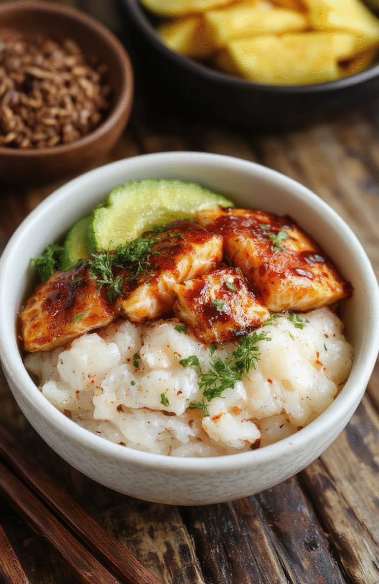 Colorful bowl featuring golden-brown air fried salmon bites glazed with shiny teriyaki sauce, served atop fluffy white rice, garnished with green scallions and sesame seeds, with vibrant vegetables and a glossy coating that glistens under natural light.