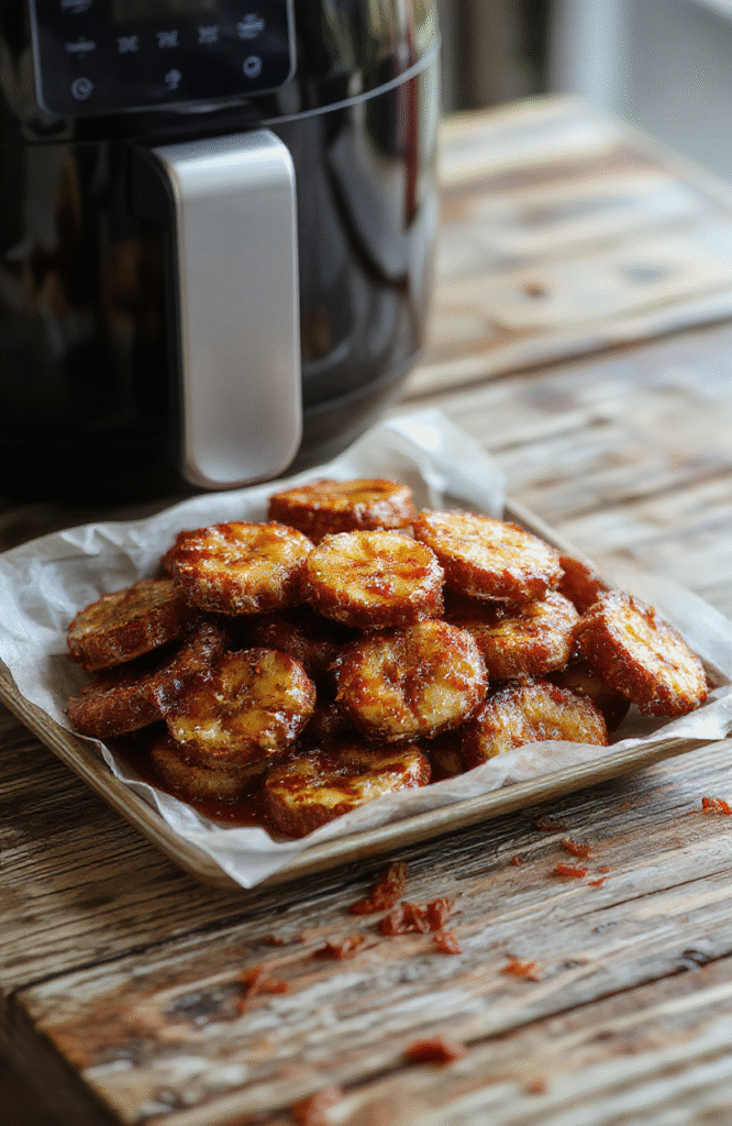 Golden-brown caramelized bananas neatly arranged on a white plate, topped with a drizzle of rich caramel sauce, with a crispy outer texture and soft interior, styled simply on a rustic wooden table with natural lighting, emphasizing the glossy caramel glaze and warm tones.