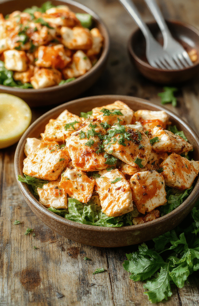 Vibrant bowl of buffalo chicken salad featuring shredded chicken coated in spicy buffalo sauce, topped with chopped celery and blue cheese crumbles, served in a colorful ceramic bowl on a rustic wooden surface, with fresh greens and sliced vegetables, creating a fresh, appetizing, and zesty visual appeal.