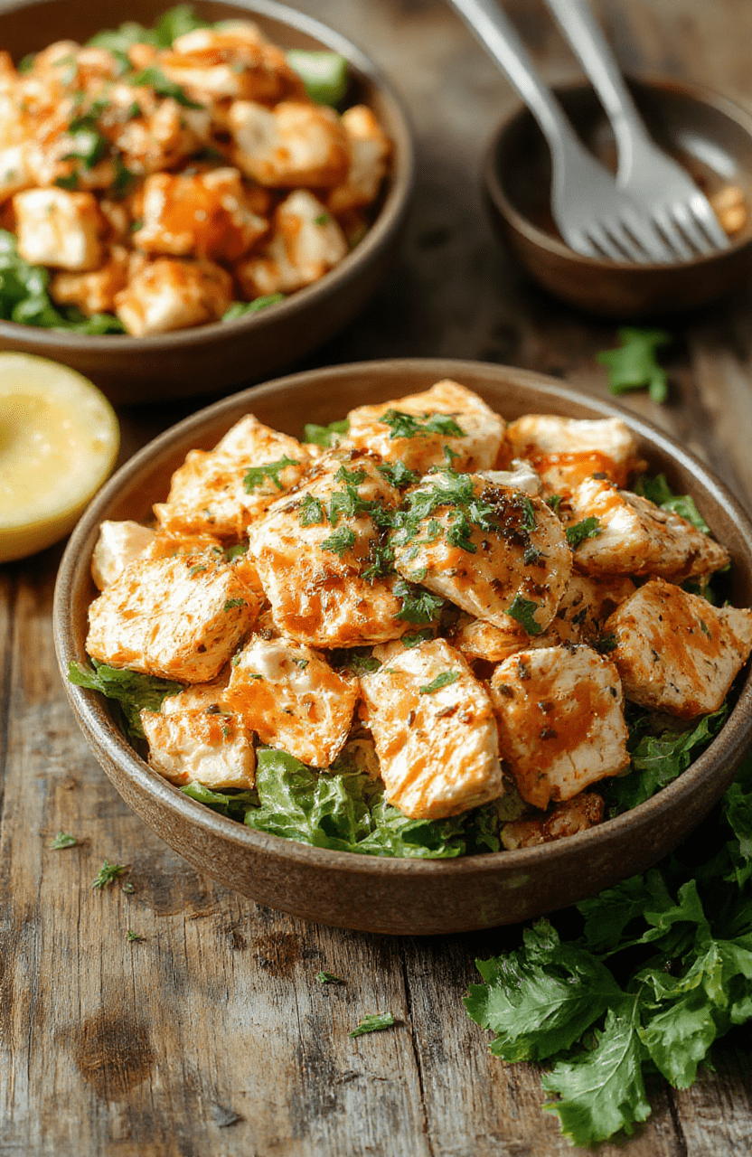Vibrant bowl of buffalo chicken salad featuring shredded chicken coated in spicy buffalo sauce, topped with chopped celery and blue cheese crumbles, served in a colorful ceramic bowl on a rustic wooden surface, with fresh greens and sliced vegetables, creating a fresh, appetizing, and zesty visual appeal.
