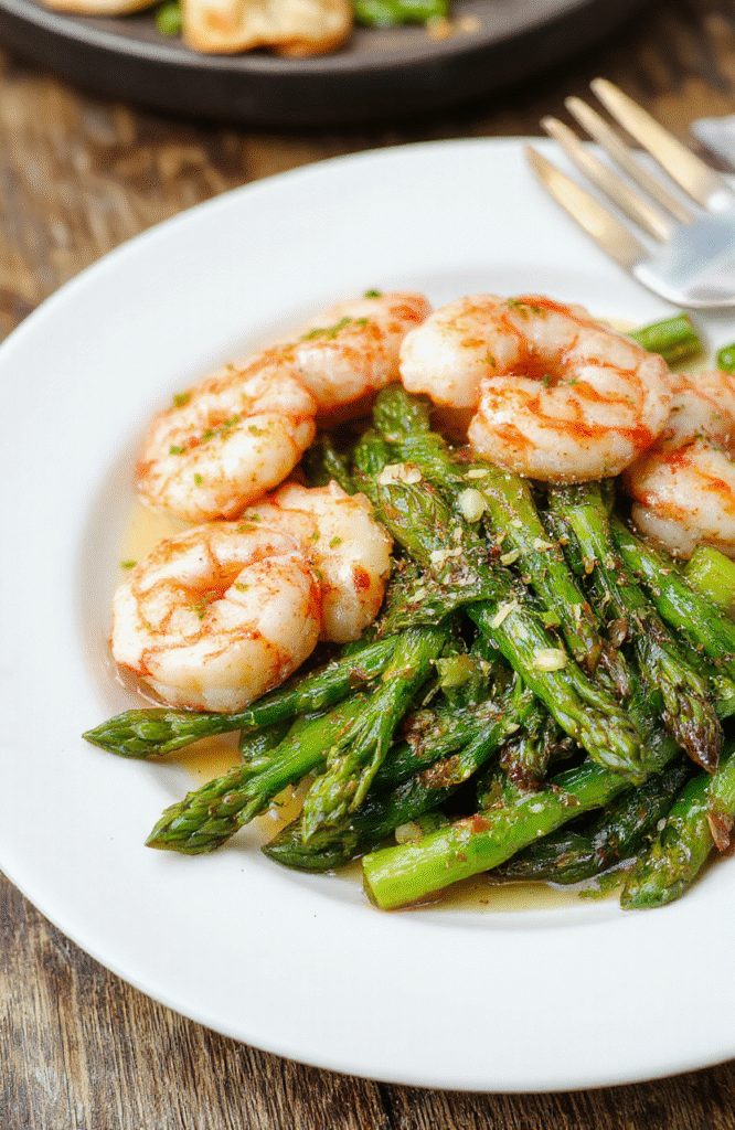 A vibrant plate featuring perfectly cooked pink shrimp and bright green asparagus spears, drizzled with a glossy lemon garlic sauce, arranged neatly on a white ceramic plate with a lemon wedge garnish. The presentation emphasizes fresh ingredients, with a rustic wooden table background and natural light highlighting the textures and colors.
