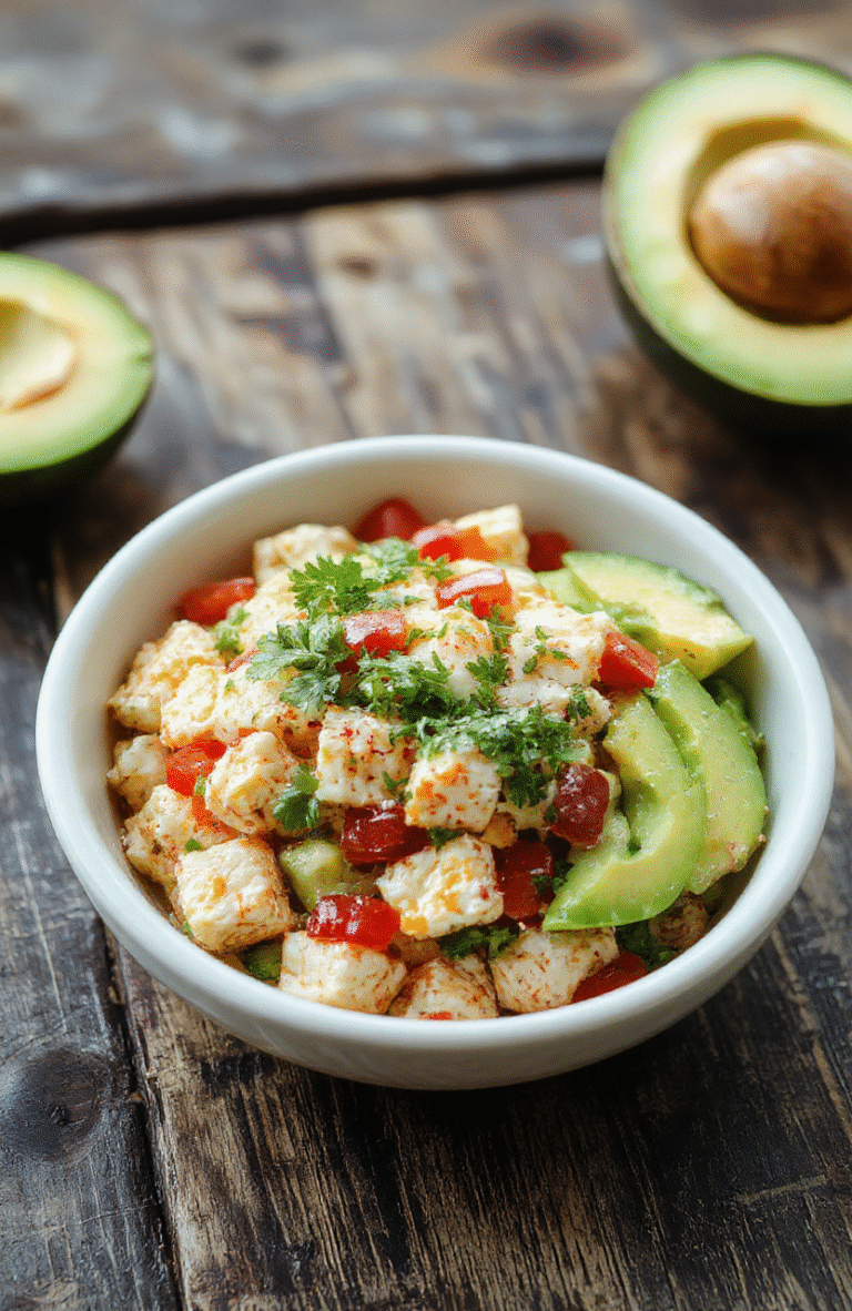 A vibrant southwest chicken salad served in a white bowl, featuring chopped grilled chicken, colorful bell peppers, black beans, corn, diced tomatoes, fresh cilantro, and a drizzle of creamy dressing. The dish is garnished with lime wedges and sliced avocado, styled on a rustic wooden table with natural daylight highlighting the textures and bright colors.