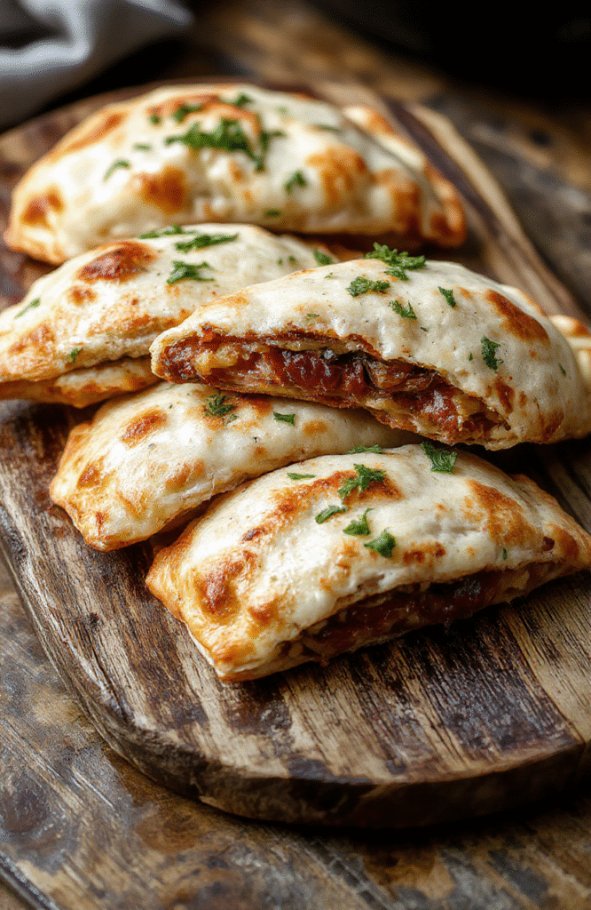 Golden-brown calzones with bubbly cheese spilling out, neatly arranged on a rustic wooden plate, garnished with fresh parsley. The calzones are crispy on the outside with visible flaky layers, served with a side of marinara sauce in a small bowl. The presentation highlights their flaky texture and cheesy interior, styled simply to emphasize the homemade appeal and inviting aroma.