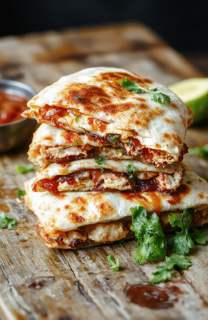 A golden-brown quesadilla stuffed with tender BBQ chicken, melted cheese, and fresh herbs, crisp edges, served on a rustic wooden plate with a side of salsa and cilantro, vibrant colors, appetizing and inviting presentation.