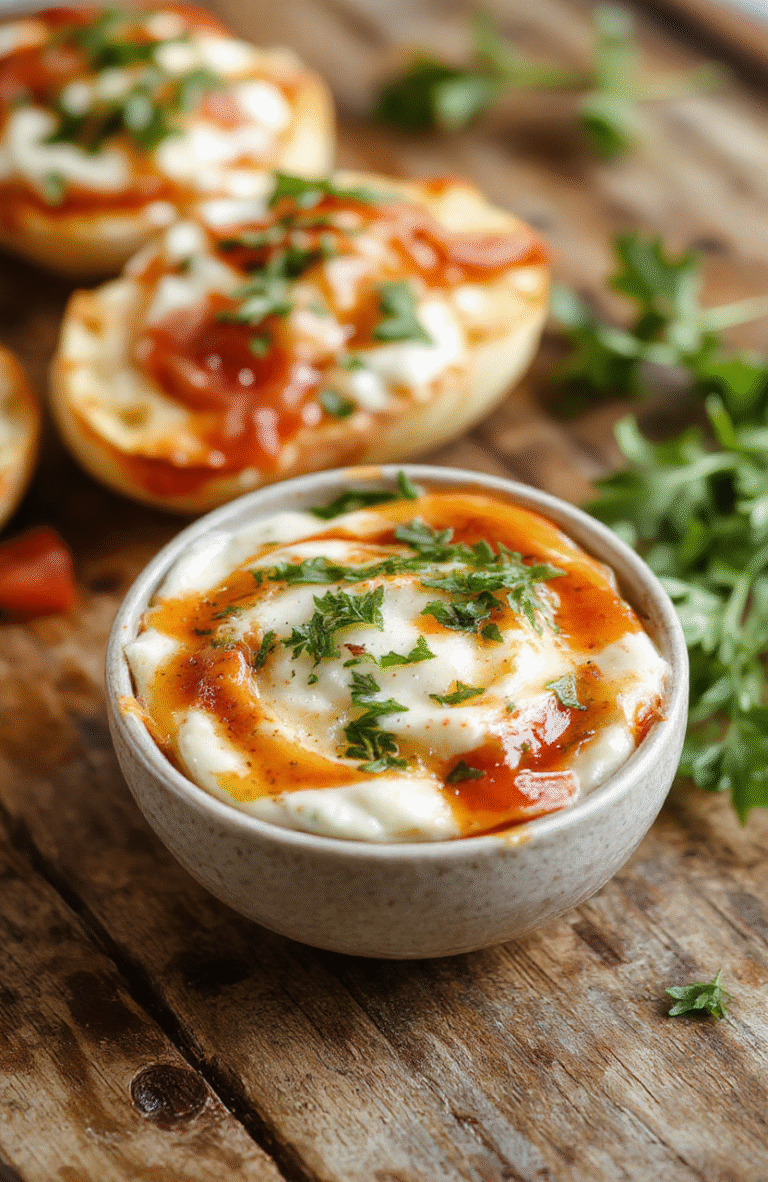 A vibrant, creamy Caprese Dip served in a white ceramic bowl, topped with fresh basil leaves and cherry tomatoes, with a drizzle of balsamic glaze, colorful and inviting, styled simply on a wooden platter with a rustic background.