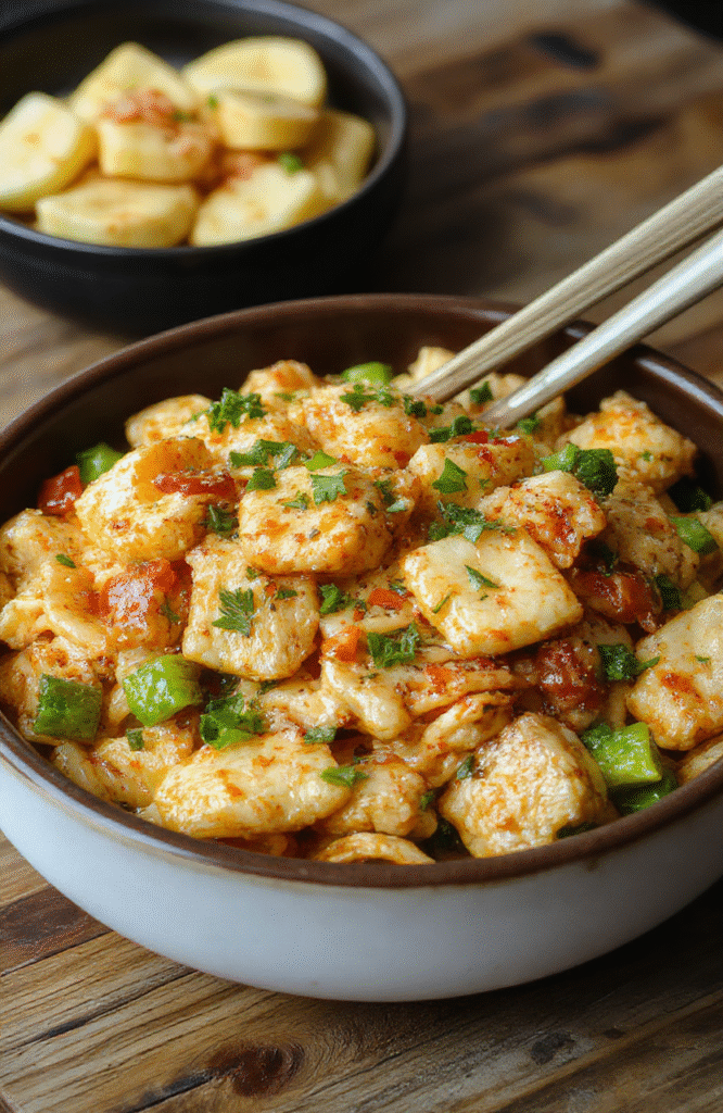A vibrant plate of homemade chicken chow mein featuring tender chicken strips, colorful stir-fried vegetables, and chewy noodles coated in savory sauce, styled on a rustic wooden table with fresh green garnishes and a background hinting at a cozy kitchen.