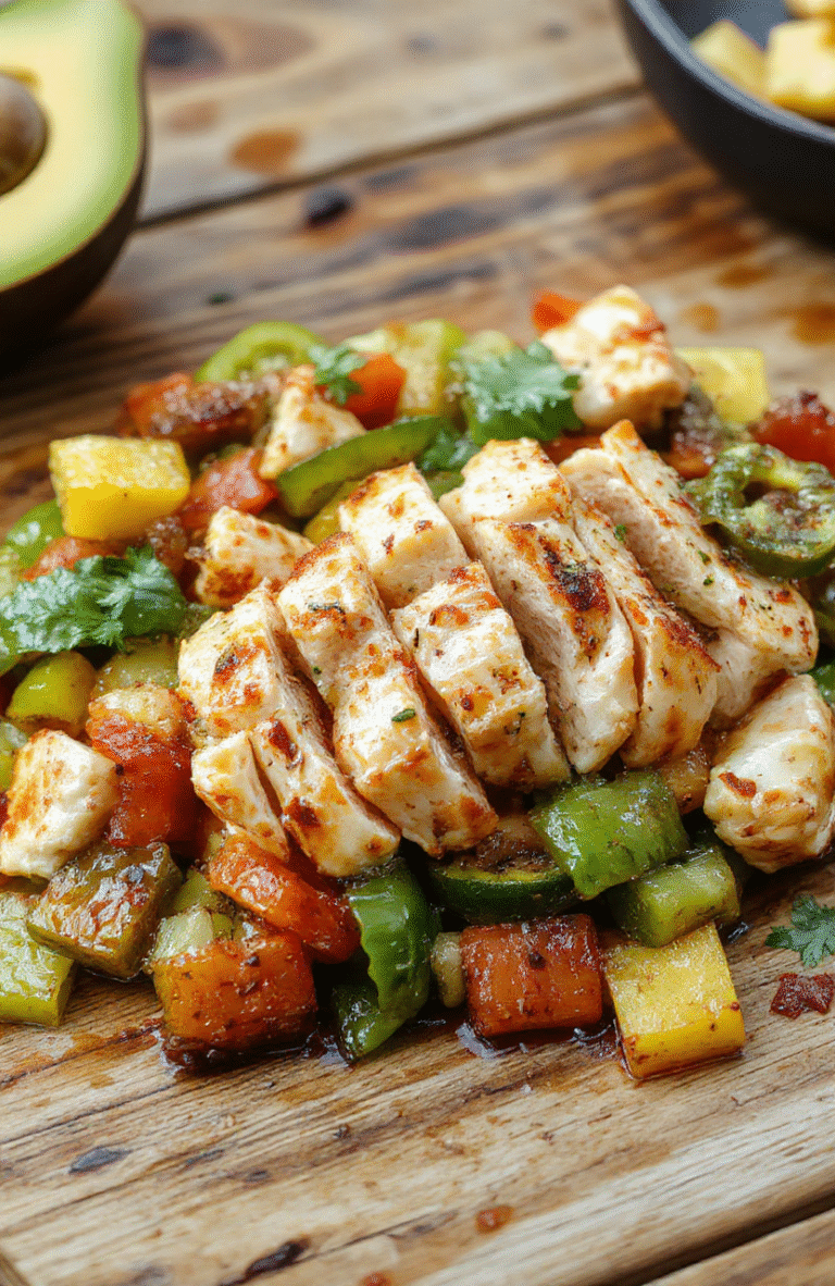 A vibrant plate of chicken fajitas featuring tender sliced chicken, colorful bell peppers and onions, all cooked to perfection and served on a rustic wooden table with a side of fresh lime wedges and garnishes, exuding a warm and inviting atmosphere, with steam gently rising from the sizzling ingredients.