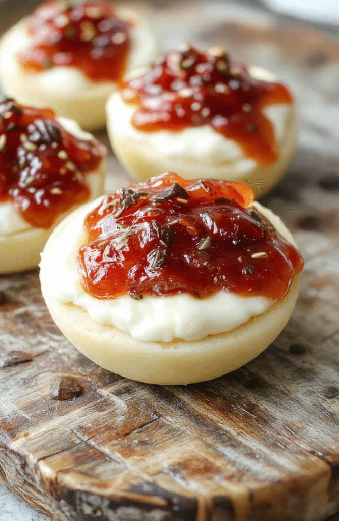A close-up of a vibrant platter featuring smooth cream cheese topped with colorful glops of bright red and green pepper jelly, garnished with fresh herbs. The bite-sized pieces are arranged neatly on a white ceramic plate, with a background of rustic wooden serving board and a soft focus that emphasizes textures and colors, styled to look inviting and appetizing.