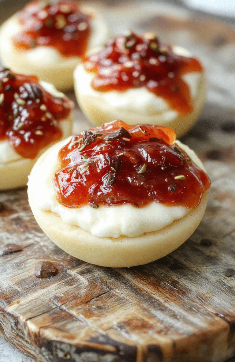 A close-up of a vibrant platter featuring smooth cream cheese topped with colorful glops of bright red and green pepper jelly, garnished with fresh herbs. The bite-sized pieces are arranged neatly on a white ceramic plate, with a background of rustic wooden serving board and a soft focus that emphasizes textures and colors, styled to look inviting and appetizing.
