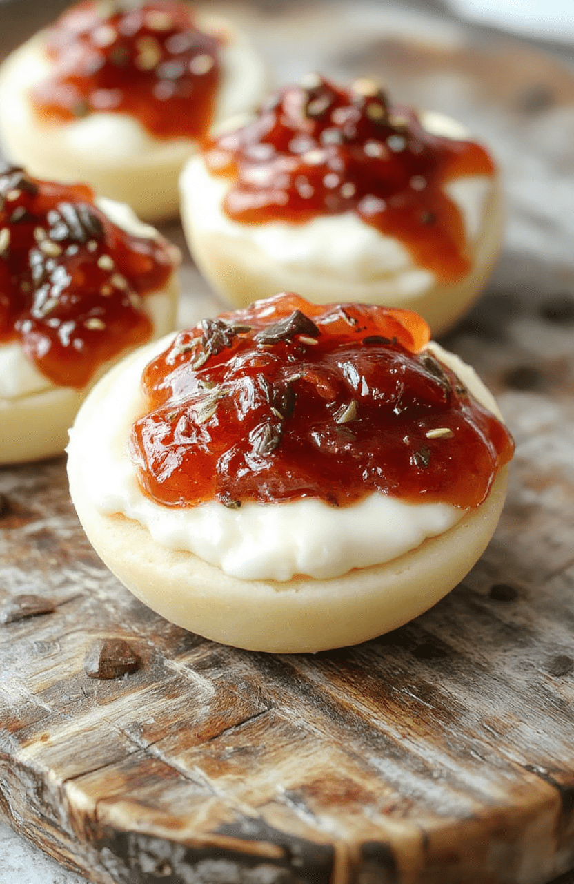 A close-up of a vibrant platter featuring smooth cream cheese topped with colorful glops of bright red and green pepper jelly, garnished with fresh herbs. The bite-sized pieces are arranged neatly on a white ceramic plate, with a background of rustic wooden serving board and a soft focus that emphasizes textures and colors, styled to look inviting and appetizing.