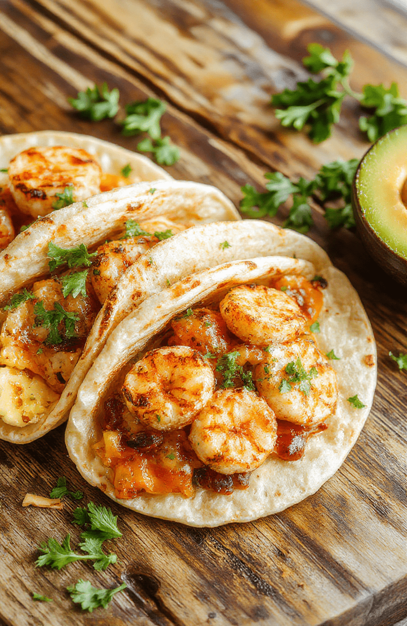 A colorful plate of shrimp tacos with vibrant toppings like lettuce, diced tomatoes, and drizzled sauce, arranged neatly on a rustic wooden surface, capturing fresh ingredients and textured shells in natural daylight for an inviting and appetizing presentation.