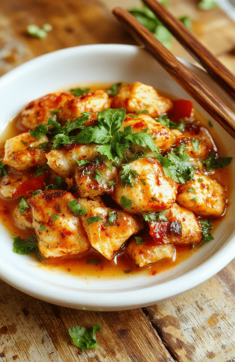 Colorful Thai basil chicken dish plated on a white ceramic plate, vibrant green basil leaves, tender chicken strips coated in savory sauce, garnished with fresh chili slices, and a hint of sesame seeds, styled simply on a dark wooden table, featuring a rustic, natural aesthetic with soft daylight highlighting the textures and bright colors.