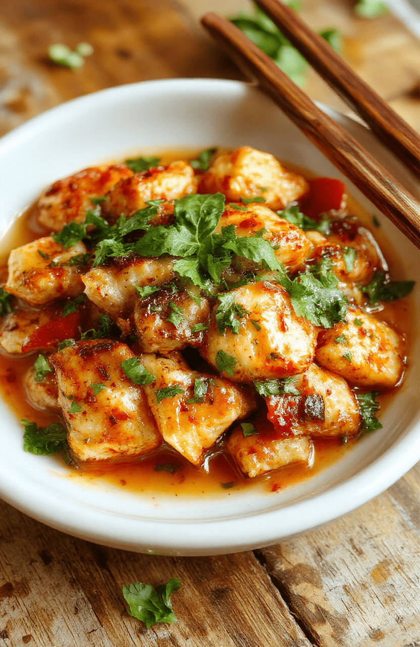Colorful Thai basil chicken dish plated on a white ceramic plate, vibrant green basil leaves, tender chicken strips coated in savory sauce, garnished with fresh chili slices, and a hint of sesame seeds, styled simply on a dark wooden table, featuring a rustic, natural aesthetic with soft daylight highlighting the textures and bright colors.
