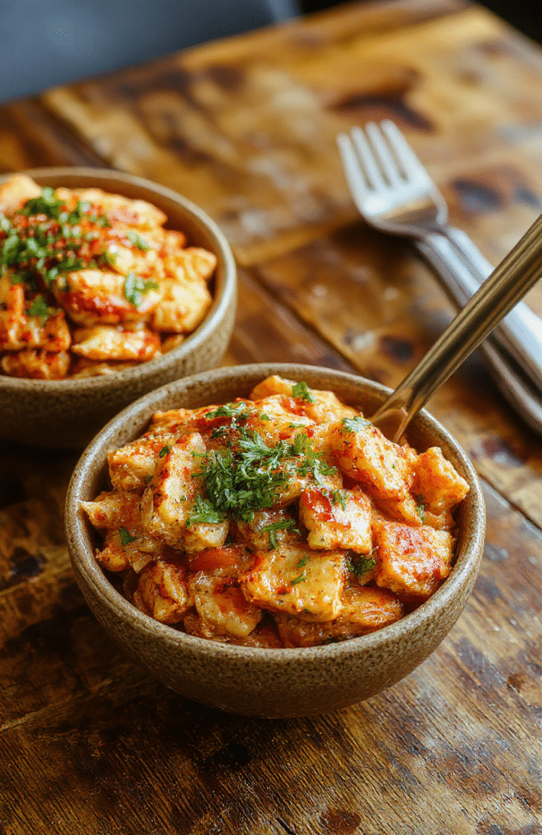 A vibrant plate of Bang Bang Chicken Bowls featuring crispy chicken pieces coated in a creamy spicy sauce, topped with fresh green scallions and shredded carrots, served in a modern white bowl on a rustic wooden table, with colorful garnishes and textures.