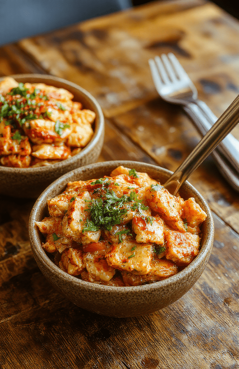 A vibrant plate of Bang Bang Chicken Bowls featuring crispy chicken pieces coated in a creamy spicy sauce, topped with fresh green scallions and shredded carrots, served in a modern white bowl on a rustic wooden table, with colorful garnishes and textures.