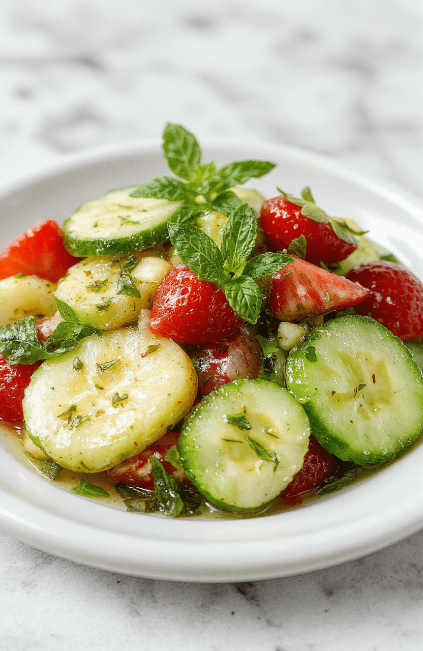 A vibrant summer salad featuring thinly sliced cucumbers and juicy strawberries arranged on a white ceramic plate. The salad is garnished with fresh mint leaves and a light drizzle of dressing, showcasing bright green and red colors, with a textured surface of crisp cucumbers and glossy strawberries. The background is softly blurred with natural daylight highlighting the fresh ingredients and appealing presentation.