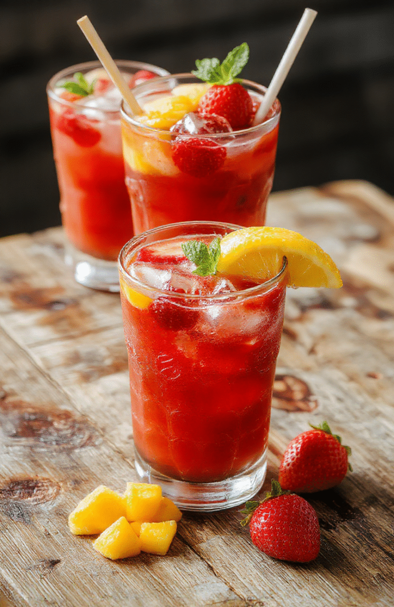 A vibrant glass of frozen mango strawberry lemonade garnished with fresh mint and lemon slices, showcasing a colorful blend of orange, red, and yellow hues, with a textured icy surface and slices of fresh fruit visible inside, styled on a rustic wooden surface.