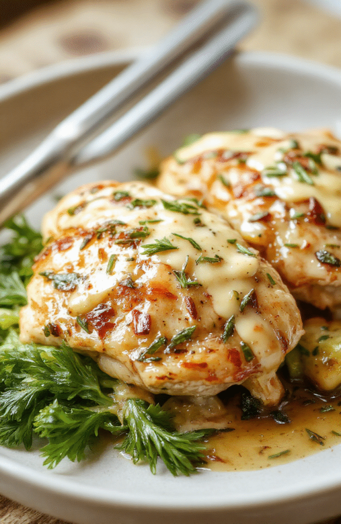 A beautifully plated rosemary chicken Dijon dish featuring tender chicken breasts coated in a creamy Dijon sauce, garnished with fresh rosemary sprigs and lemon slices. The dish is presented on a rustic white plate, surrounded by vibrant green herbs and a drizzle of sauce, highlighting the rich textures and appealing colors. The background shows a wooden table with natural daylight illuminating the scene, creating a warm and inviting atmosphere.