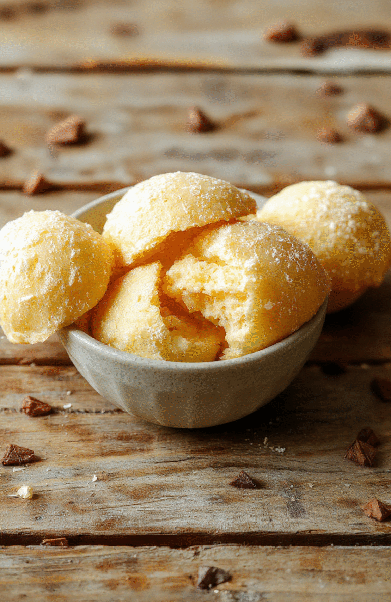 Golden brown bunuelos arranged on a white plate, lightly dusted with powdered sugar, with a crispy texture visible. The background features a rustic wooden table with hints of cinnamon sticks and a drizzle of caramel sauce, creating a warm and inviting scene.