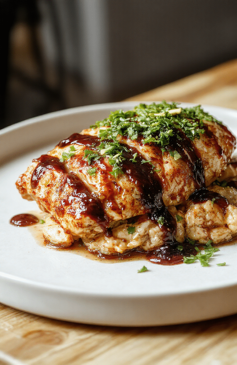 A perfectly baked balsamic chicken breast glazed with shiny, dark balsamic reduction, garnished with fresh herbs, served on a rustic white plate with a side of roasted vegetables, vibrant colors, and a textured wooden table background.