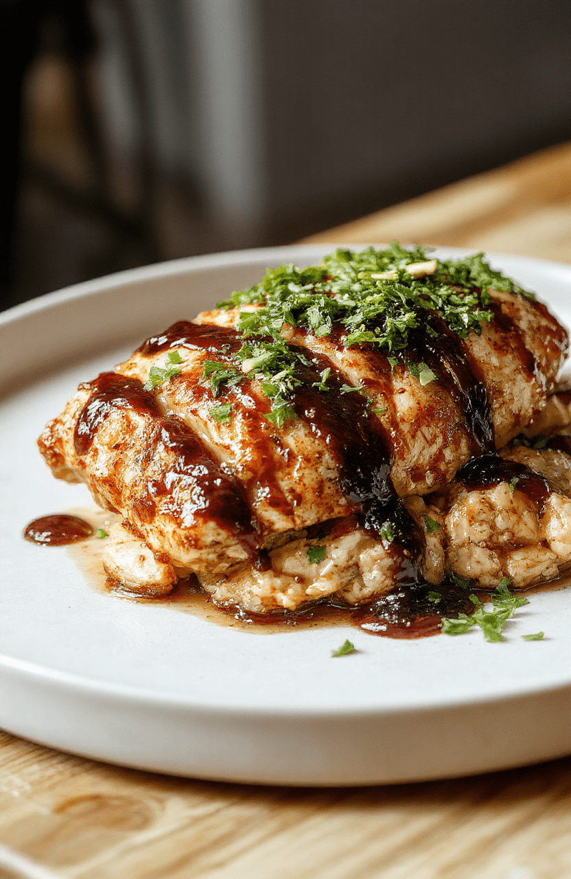 A perfectly baked balsamic chicken breast glazed with shiny, dark balsamic reduction, garnished with fresh herbs, served on a rustic white plate with a side of roasted vegetables, vibrant colors, and a textured wooden table background.