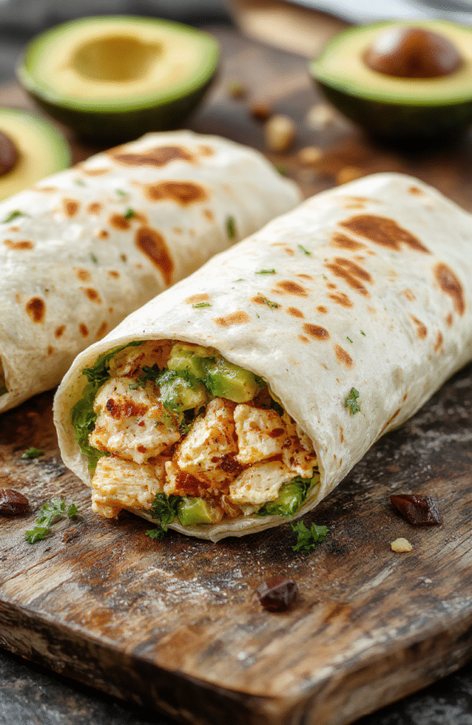Colorful chicken avocado wrap sliced open to reveal fresh green avocado, tender grilled chicken, vibrant vegetables, and drizzled dressing, neatly plated on a rustic wooden surface with a backdrop of natural light.