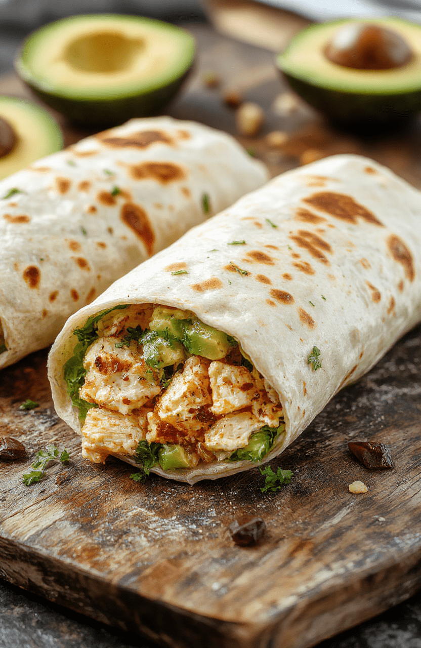 Colorful chicken avocado wrap sliced open to reveal fresh green avocado, tender grilled chicken, vibrant vegetables, and drizzled dressing, neatly plated on a rustic wooden surface with a backdrop of natural light.