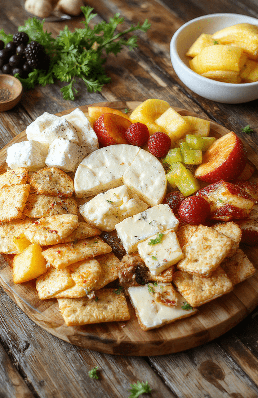 A colorful kid-friendly summer cheese board featuring a variety of cheeses, fresh fruits, crackers, and cute toppings arranged invitingly on a wooden platter, with bright summer colors and playful presentation appealing to children.